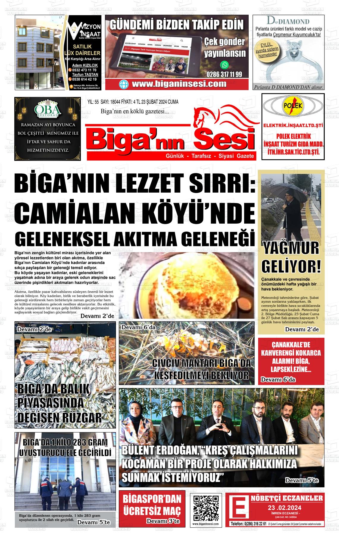 23 Şubat 2024 Biga'nın Sesi Gazete Manşeti