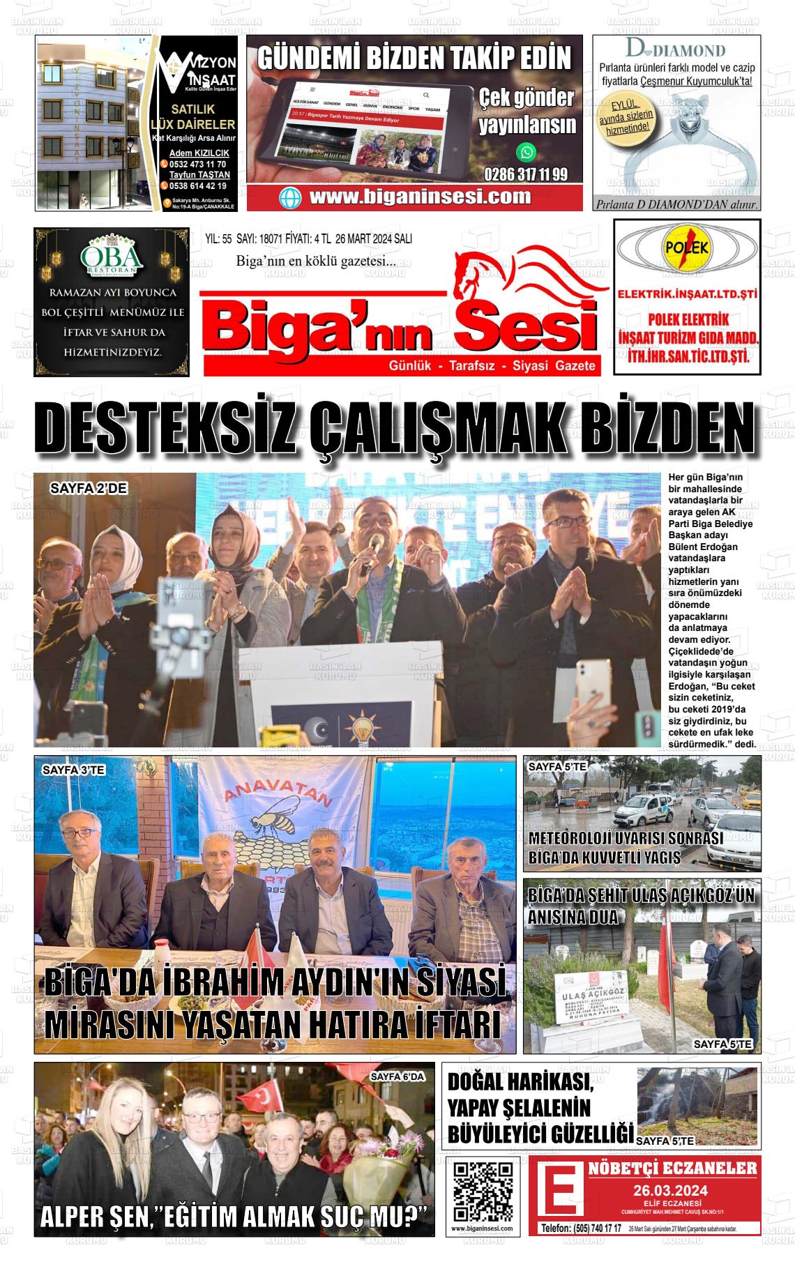 26 Mart 2024 Biga'nın Sesi Gazete Manşeti