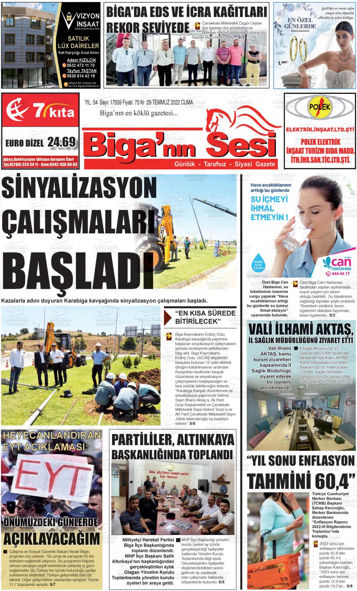 29 Temmuz 2022 Biga'nın Sesi Gazete Manşeti