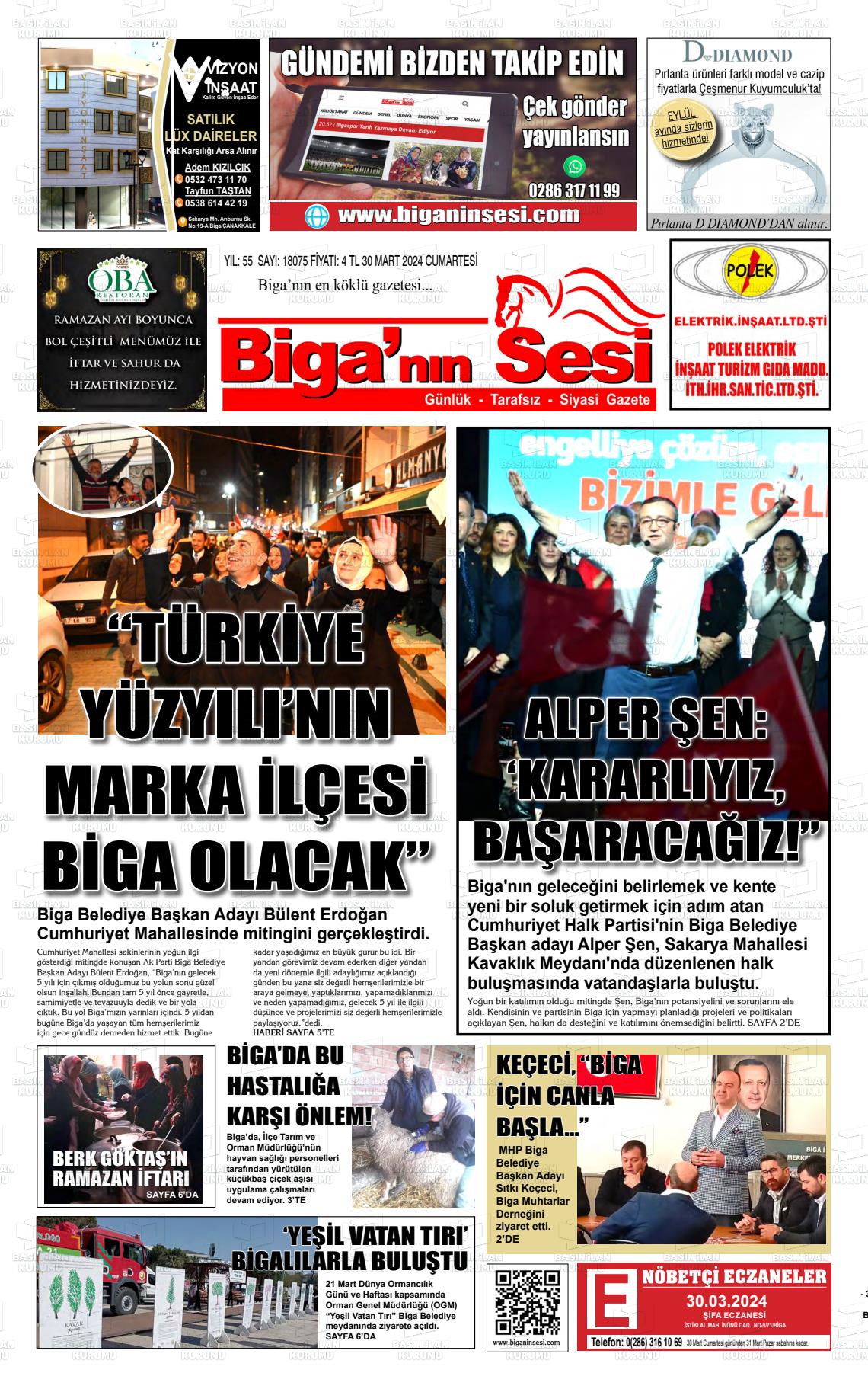 30 Mart 2024 Biga'nın Sesi Gazete Manşeti