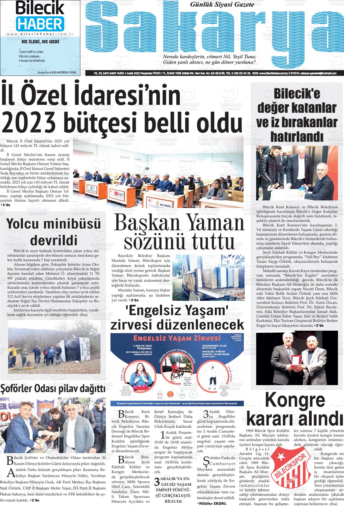 01 Aralık 2022 Bilecik Haber Sakarya Gazete Manşeti