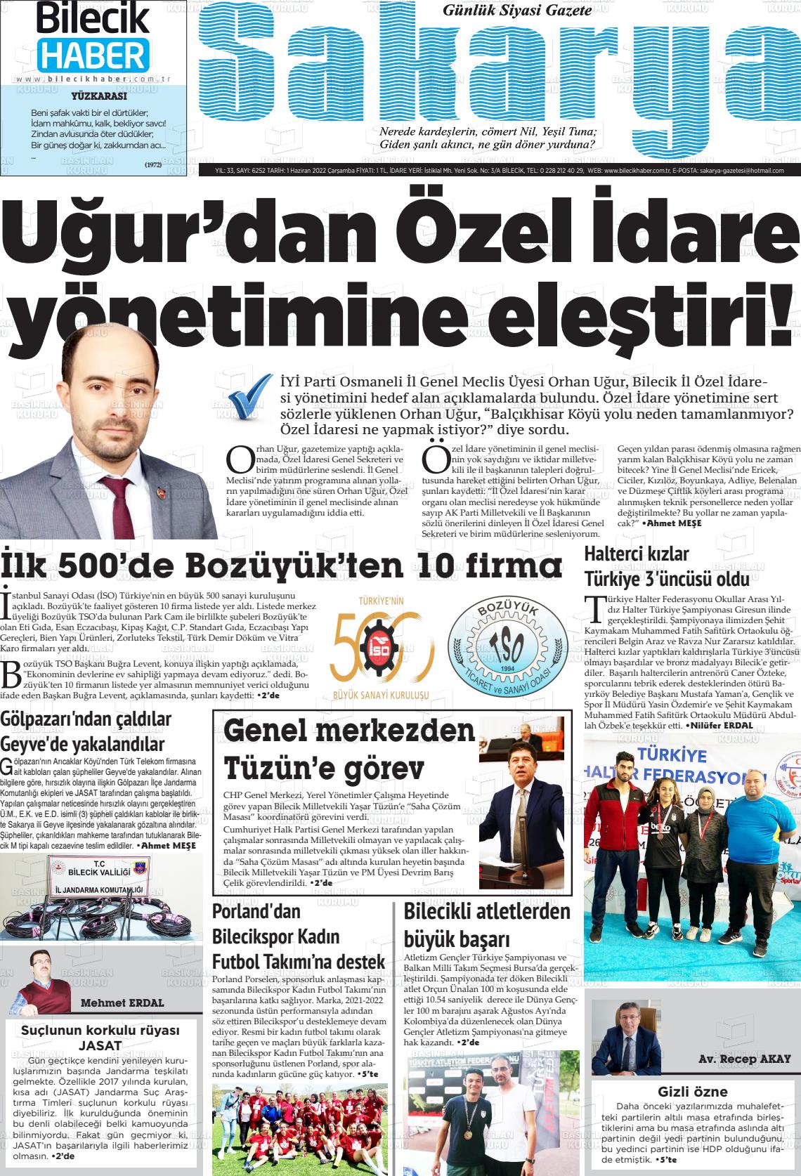 01 Haziran 2022 Bilecik Haber Sakarya Gazete Manşeti