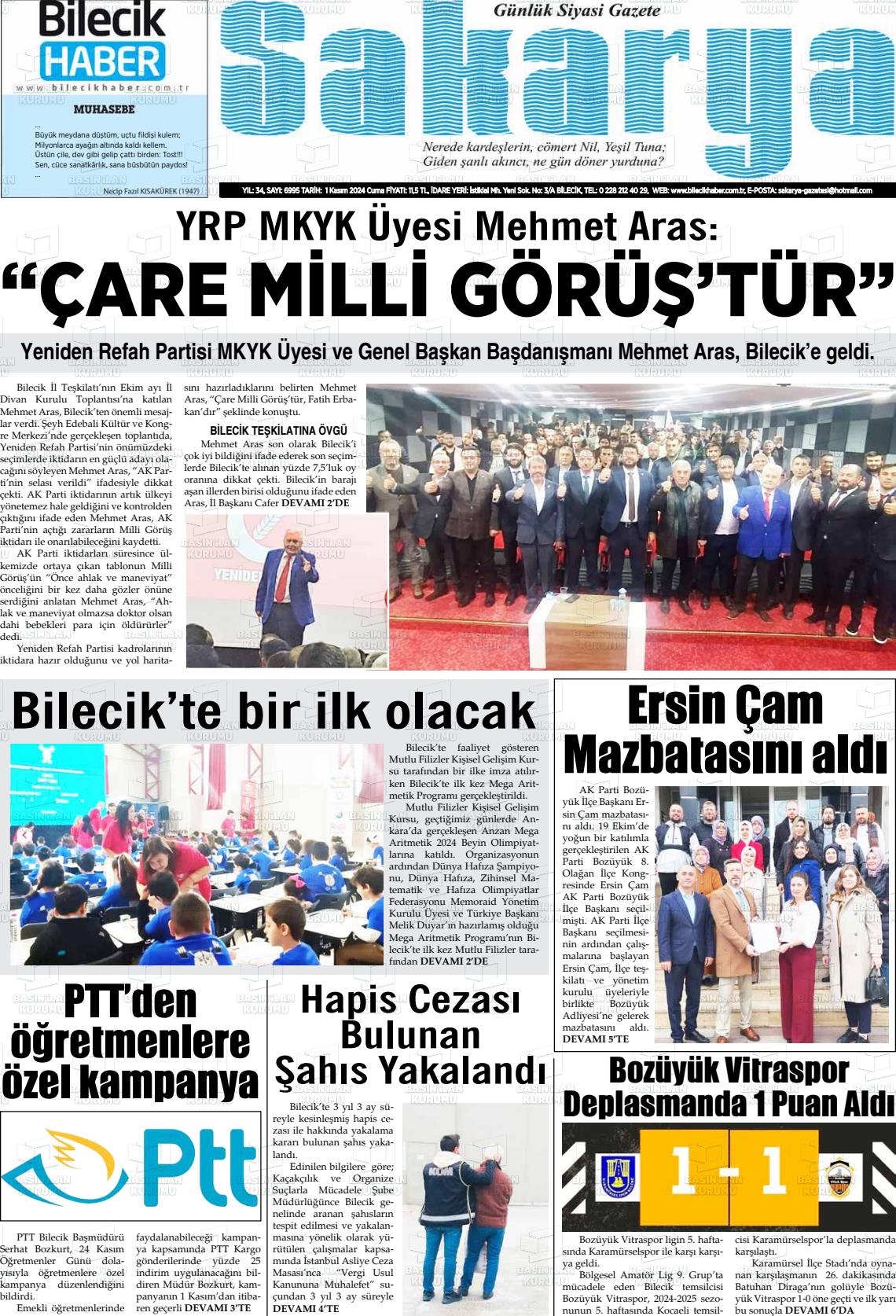 01 Kasım 2024 Bilecik Haber Sakarya Gazete Manşeti