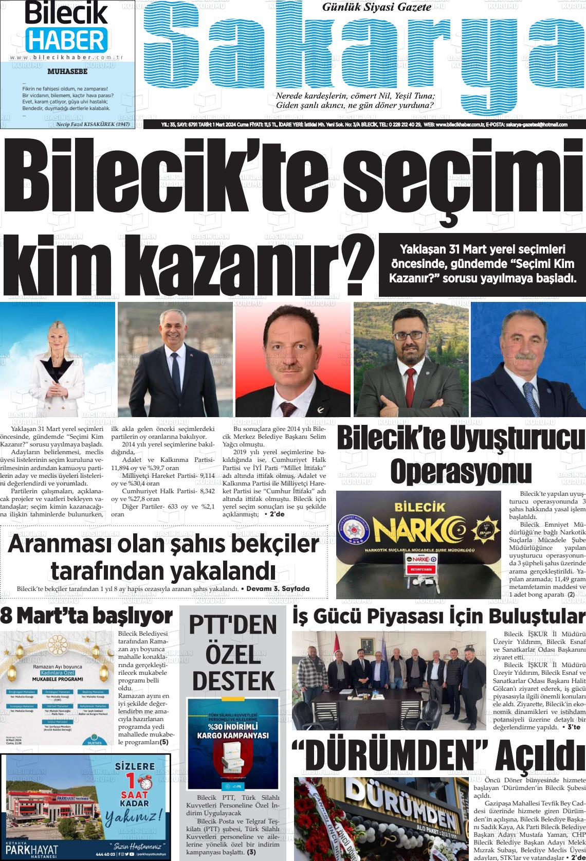 01 Mart 2024 Bilecik Haber Sakarya Gazete Manşeti