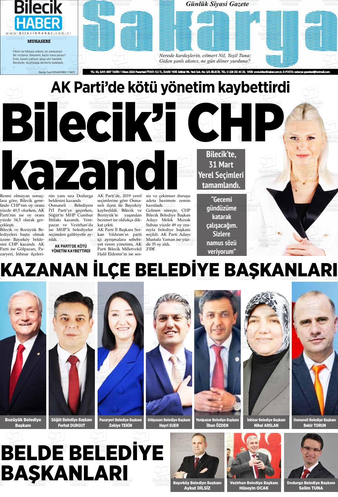 01 Nisan 2024 Bilecik Haber Sakarya Gazete Manşeti