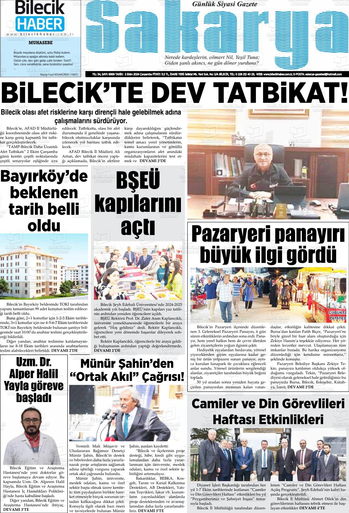 02 Ekim 2024 Bilecik Haber Sakarya Gazete Manşeti