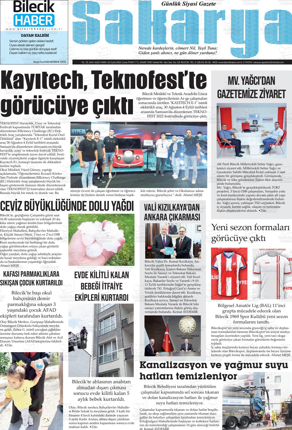 02 Eylül 2022 Bilecik Haber Sakarya Gazete Manşeti