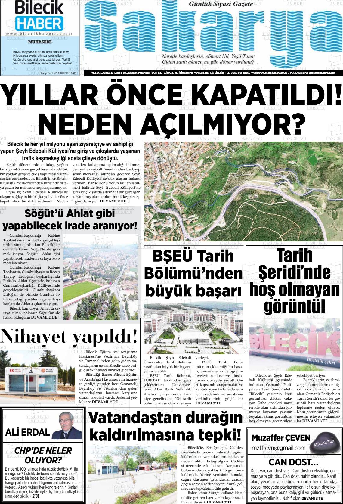 02 Eylül 2024 Bilecik Haber Sakarya Gazete Manşeti