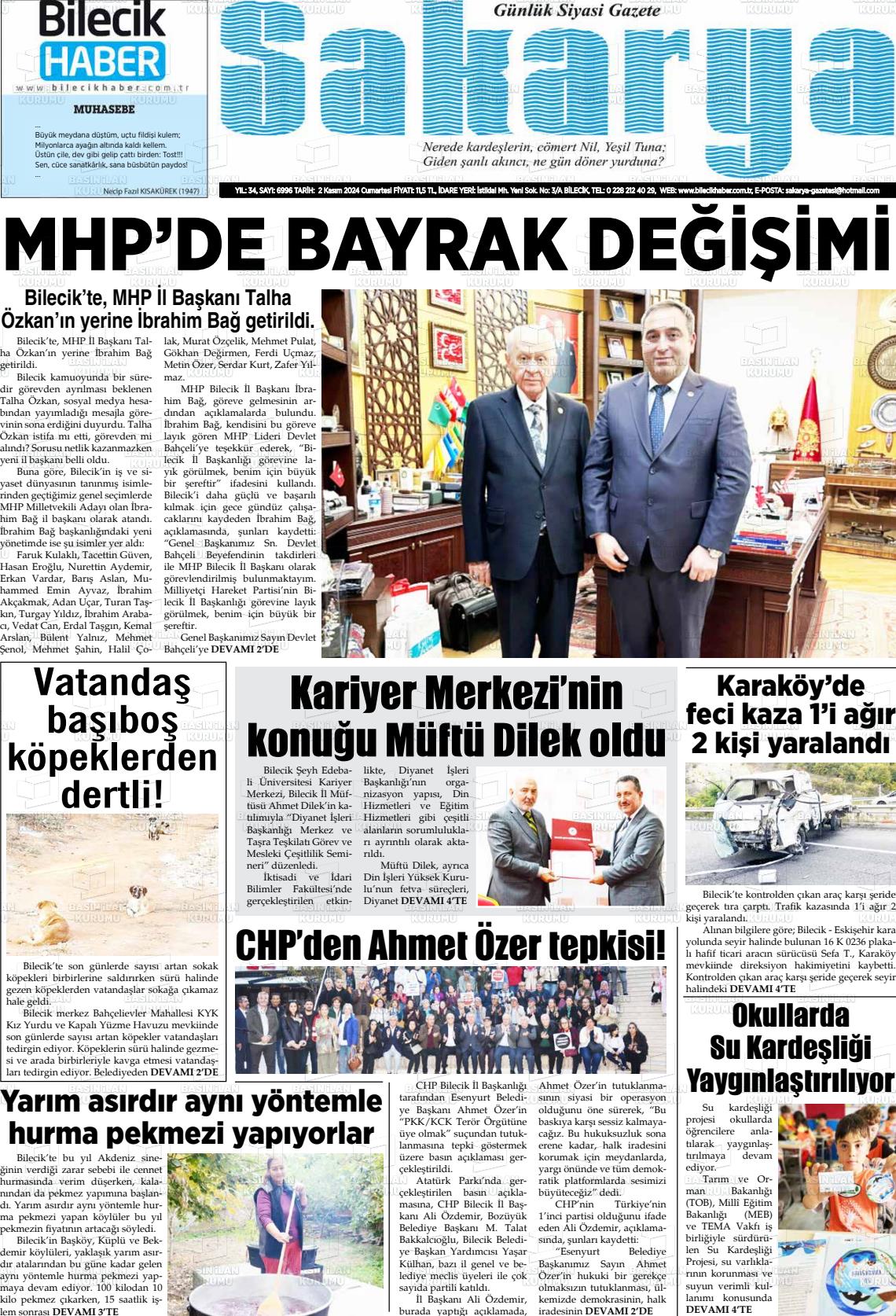 02 Kasım 2024 Bilecik Haber Sakarya Gazete Manşeti