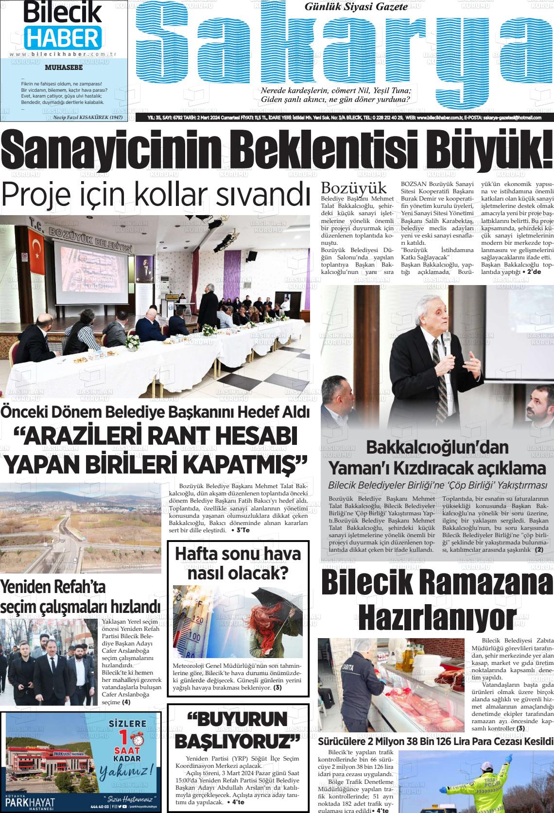 02 Mart 2024 Bilecik Haber Sakarya Gazete Manşeti