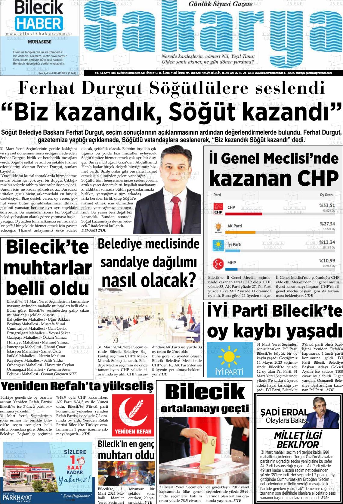 02 Nisan 2024 Bilecik Haber Sakarya Gazete Manşeti