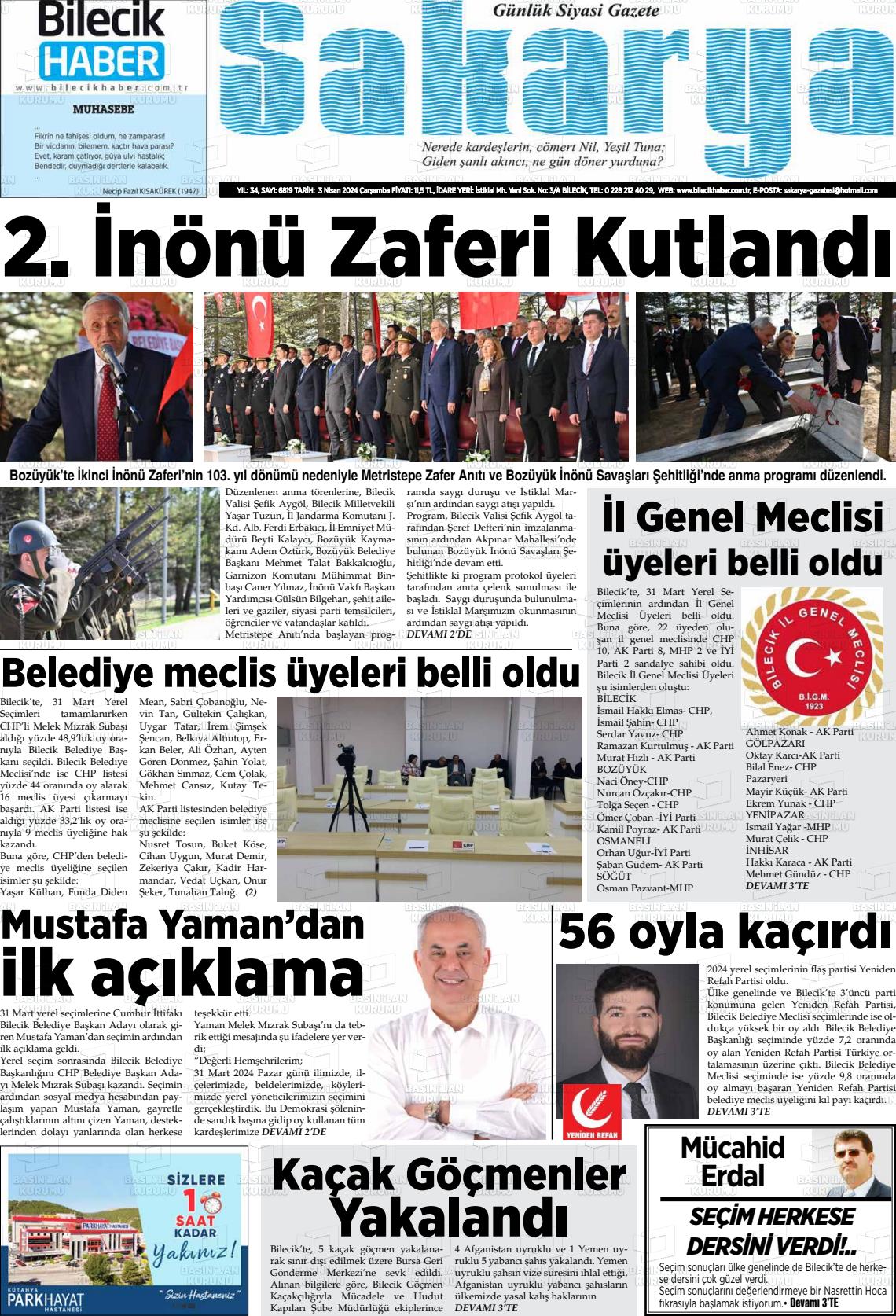 03 Nisan 2024 Bilecik Haber Sakarya Gazete Manşeti