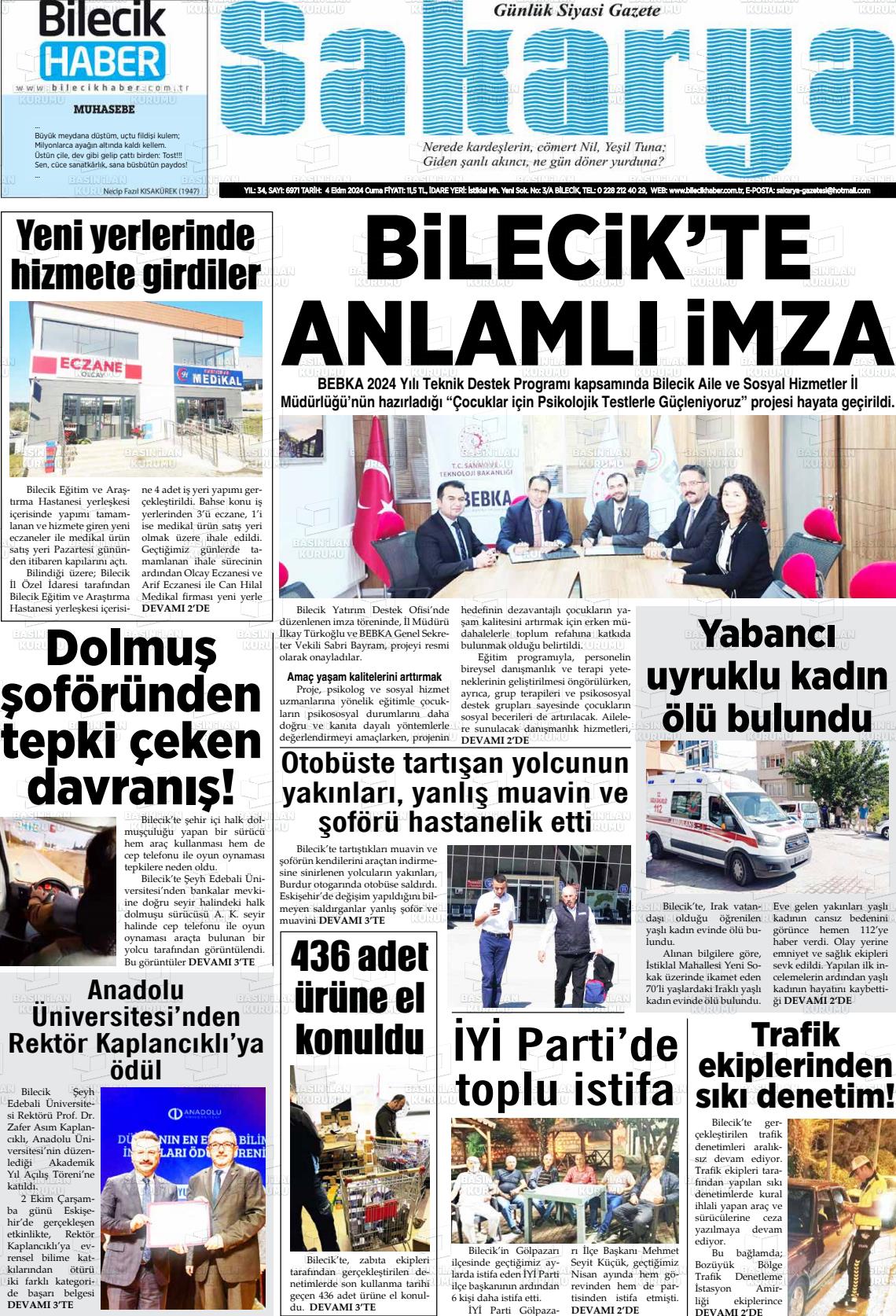 04 Ekim 2024 Bilecik Haber Sakarya Gazete Manşeti