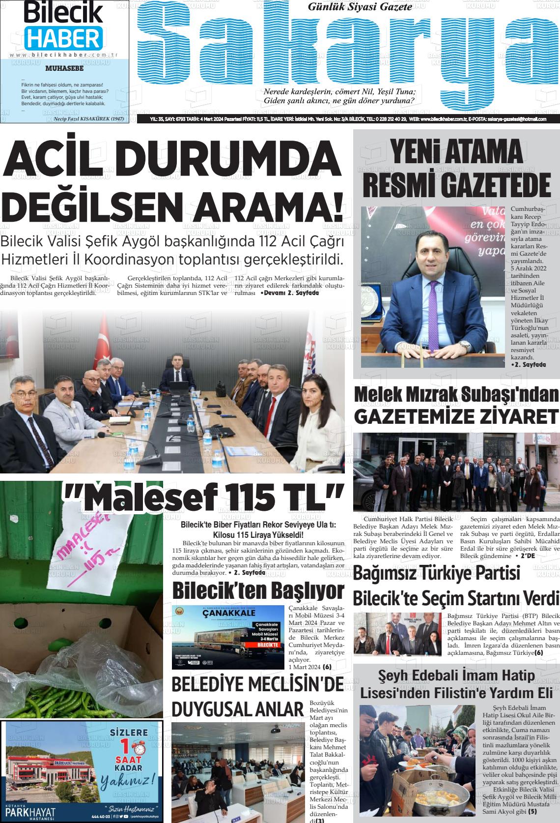 04 Mart 2024 Bilecik Haber Sakarya Gazete Manşeti