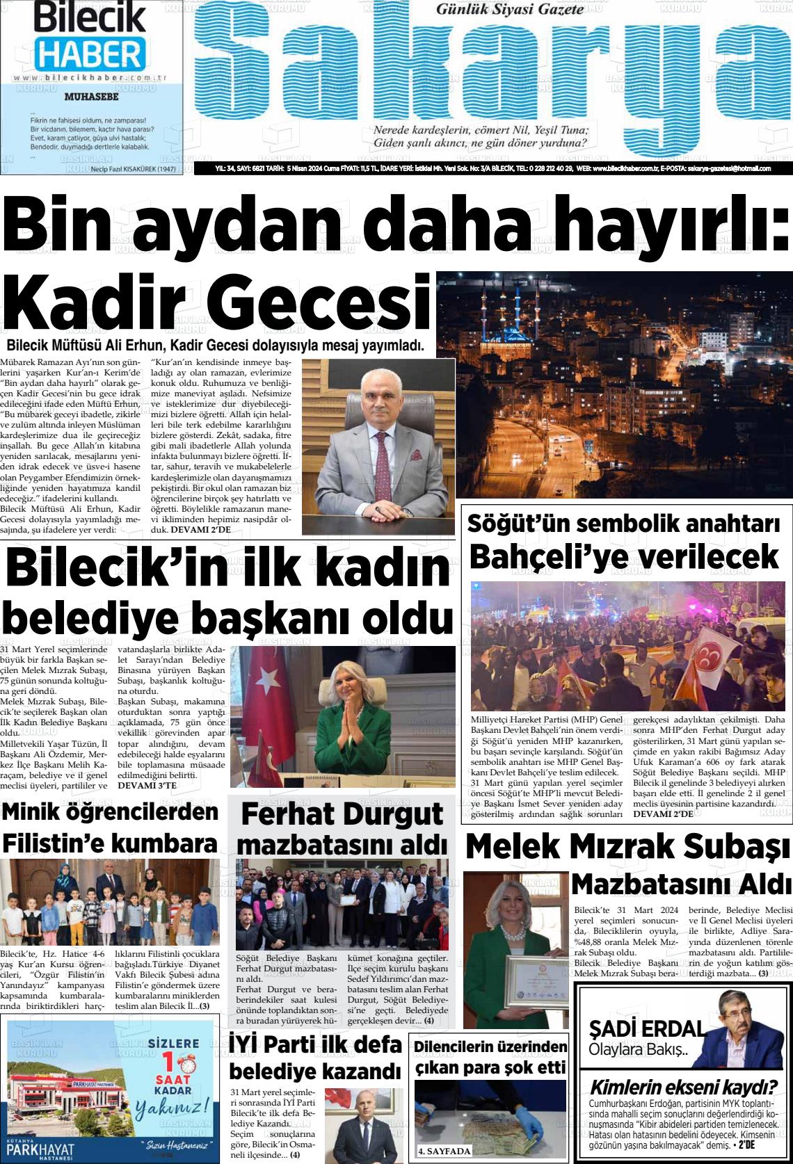 05 Nisan 2024 Bilecik Haber Sakarya Gazete Manşeti