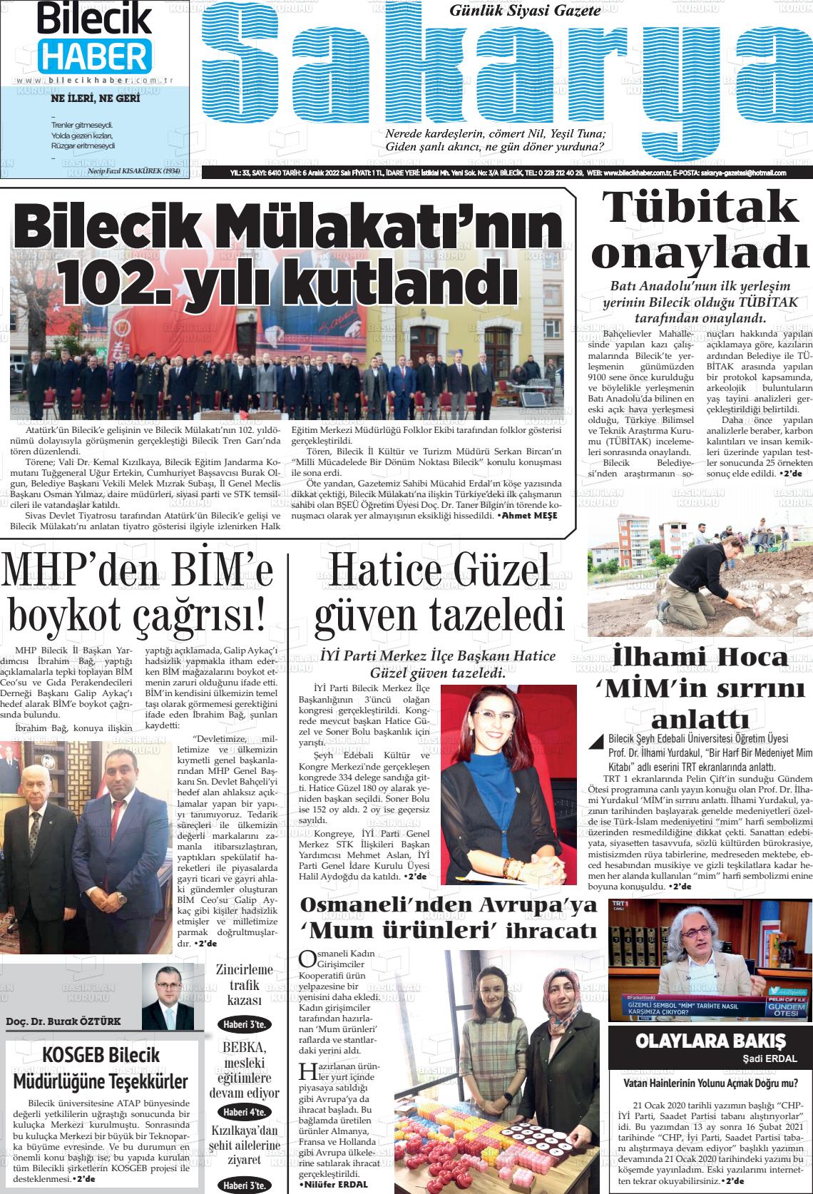 06 Aralık 2022 Bilecik Haber Sakarya Gazete Manşeti