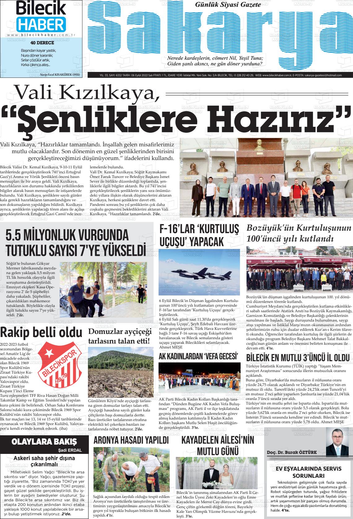 06 Eylül 2022 Bilecik Haber Sakarya Gazete Manşeti