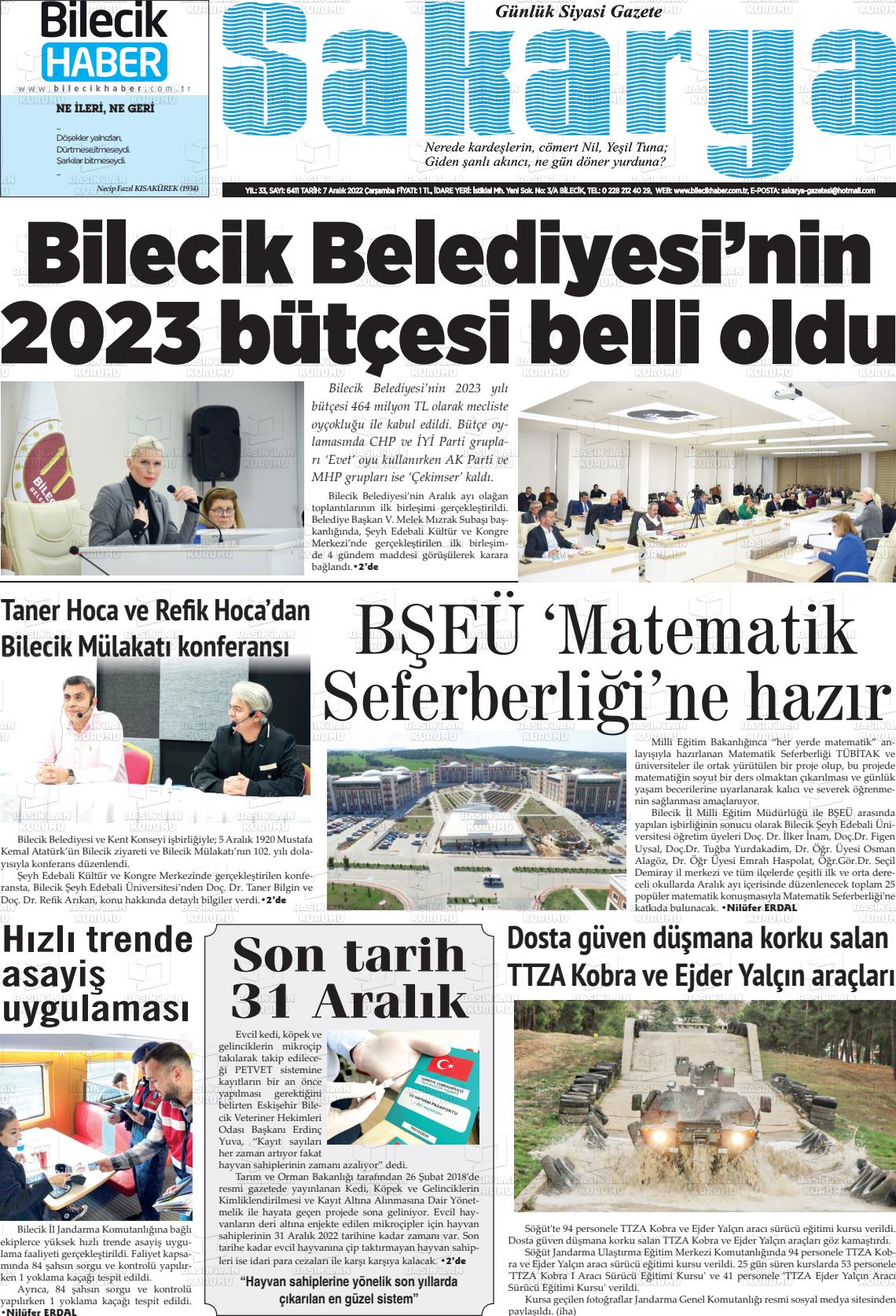 07 Aralık 2022 Bilecik Haber Sakarya Gazete Manşeti