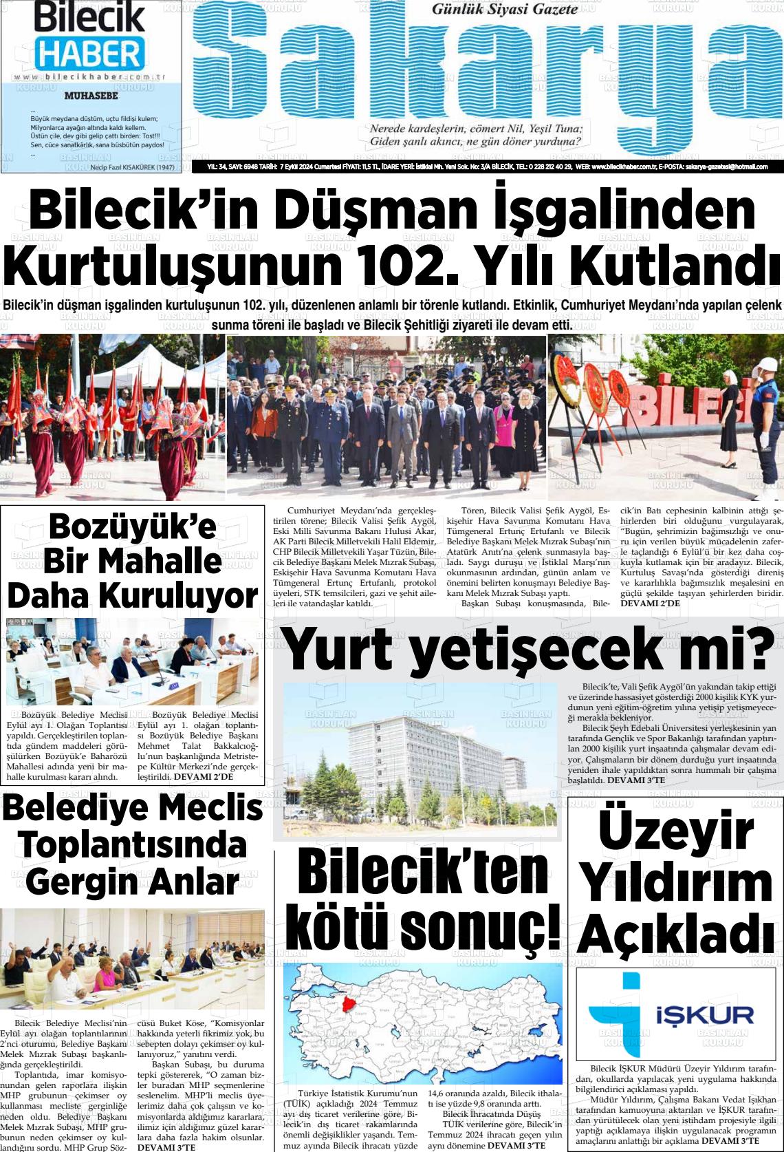 07 Eylül 2024 Bilecik Haber Sakarya Gazete Manşeti