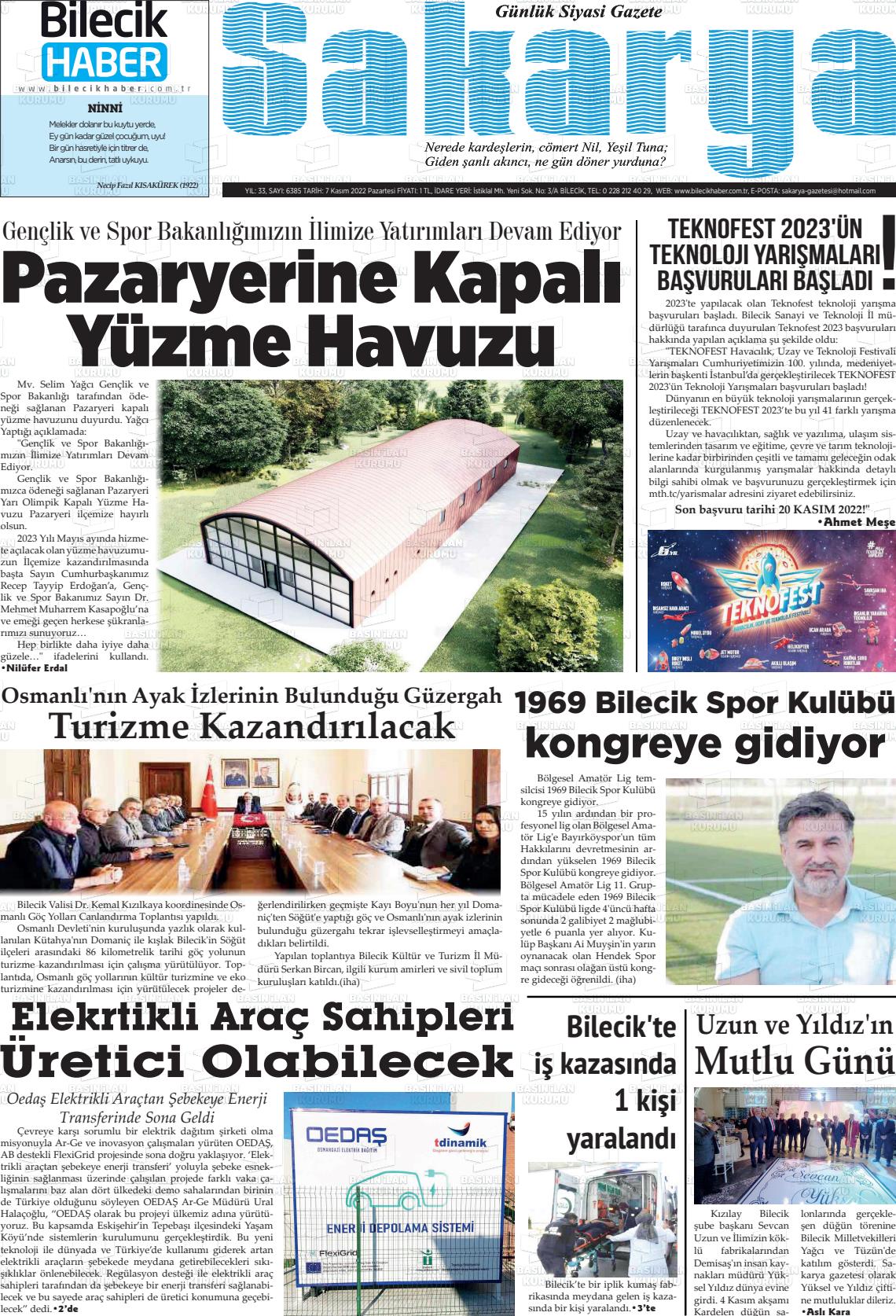 07 Kasım 2022 Bilecik Haber Sakarya Gazete Manşeti