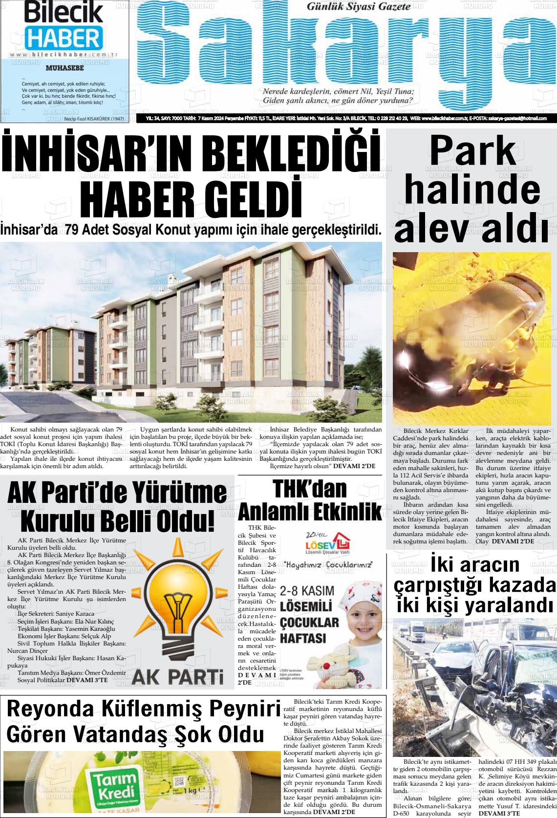 07 Kasım 2024 Bilecik Haber Sakarya Gazete Manşeti