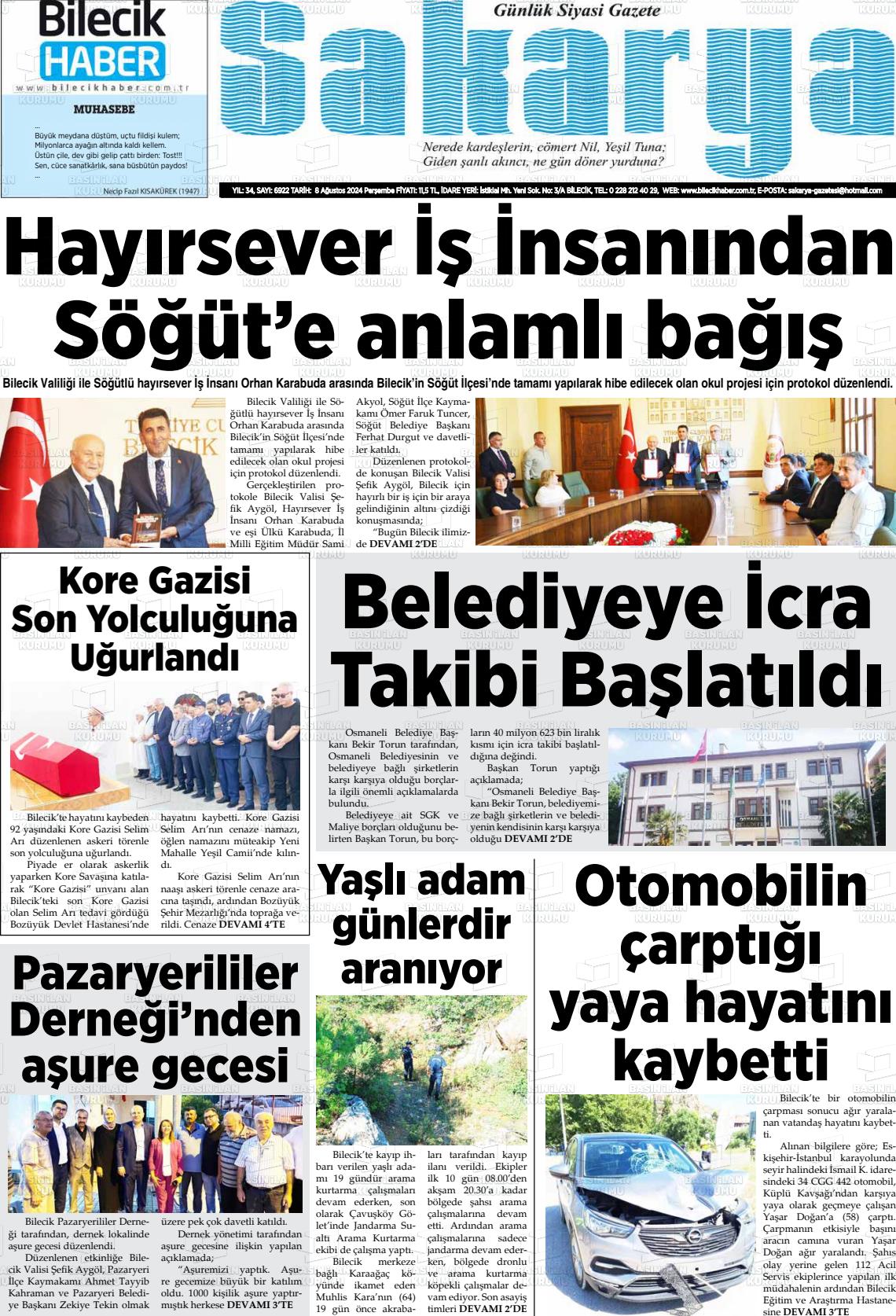 08 Ağustos 2024 Bilecik Haber Sakarya Gazete Manşeti