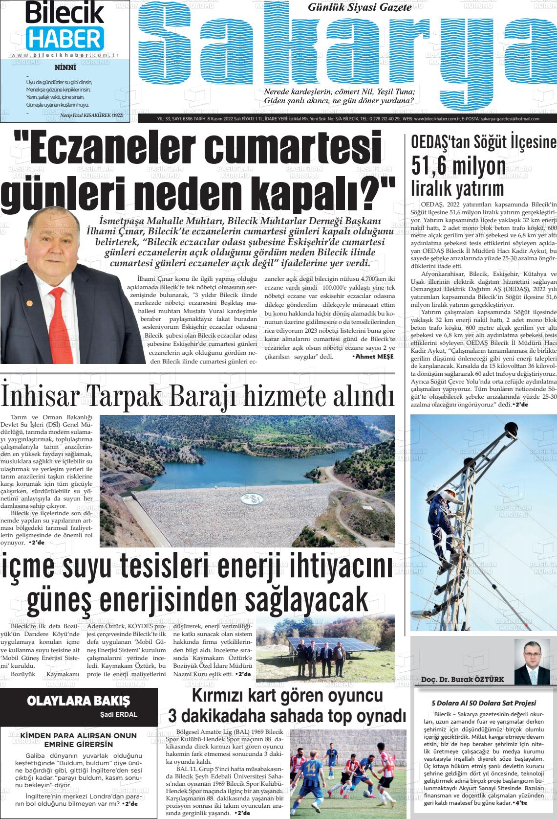 09 Kasım 2022 Bilecik Haber Sakarya Gazete Manşeti