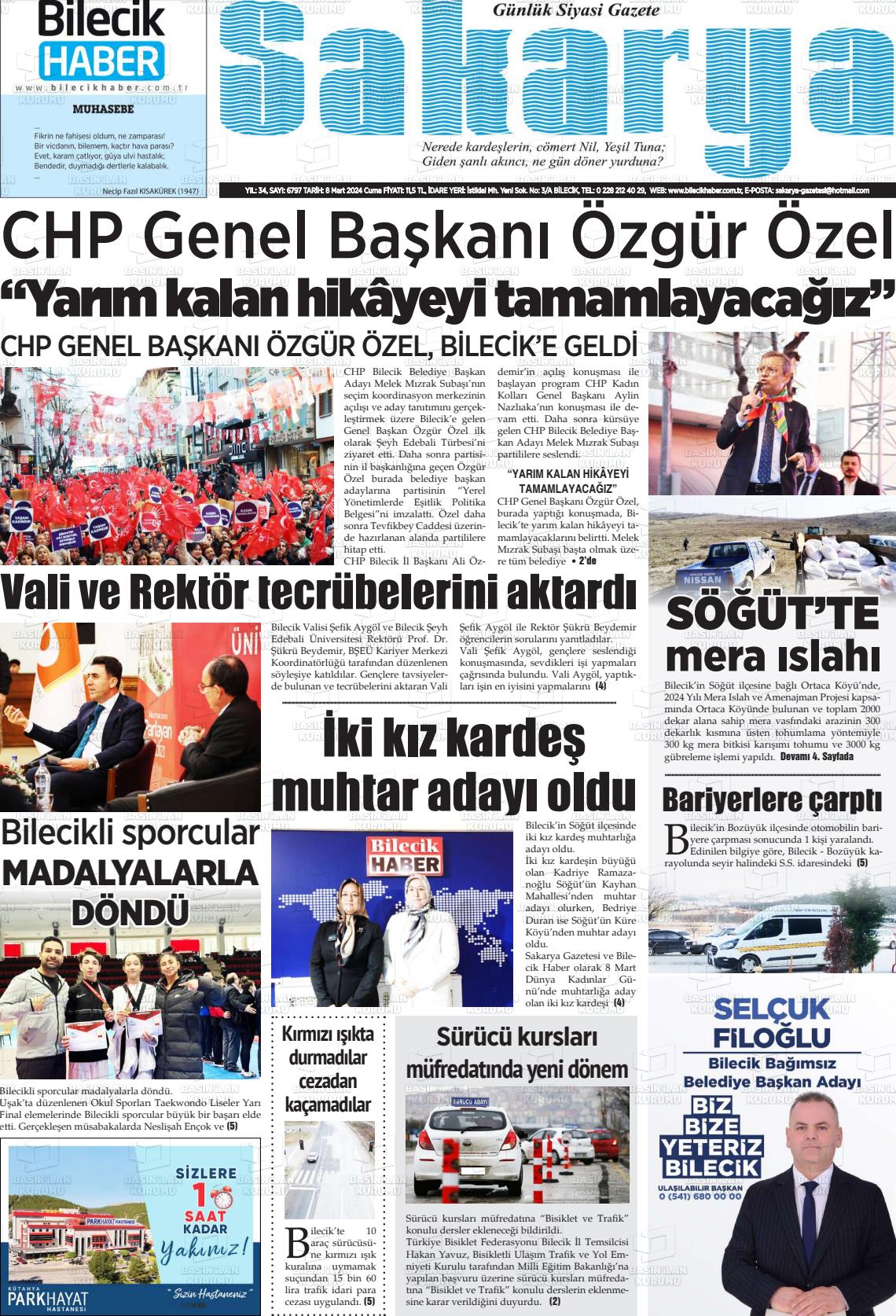 08 Mart 2024 Bilecik Haber Sakarya Gazete Manşeti