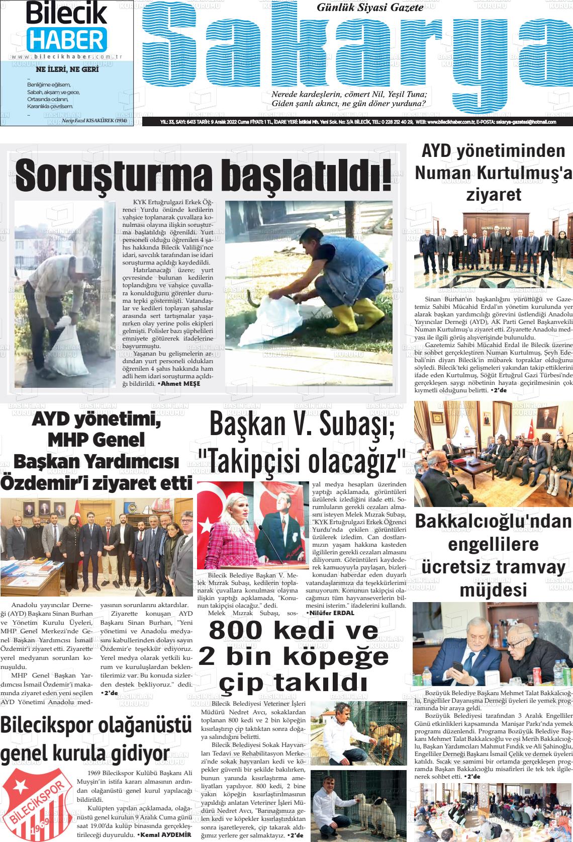 09 Aralık 2022 Bilecik Haber Sakarya Gazete Manşeti