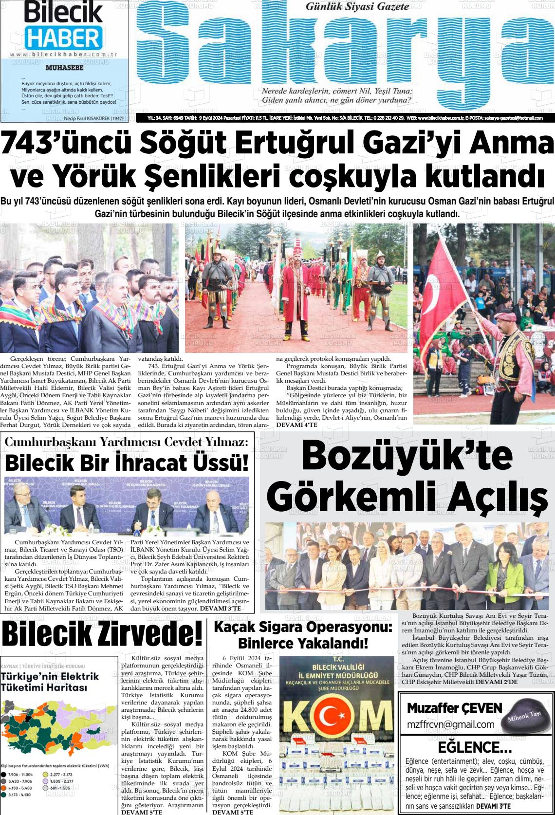 09 Eylül 2024 Bilecik Haber Sakarya Gazete Manşeti