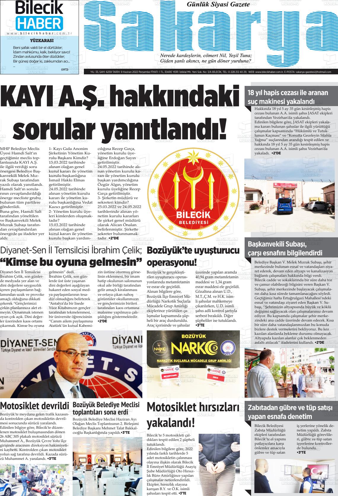 09 Haziran 2022 Bilecik Haber Sakarya Gazete Manşeti