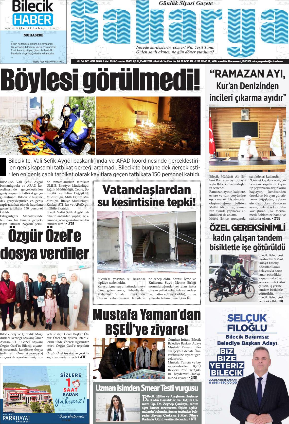 09 Mart 2024 Bilecik Haber Sakarya Gazete Manşeti