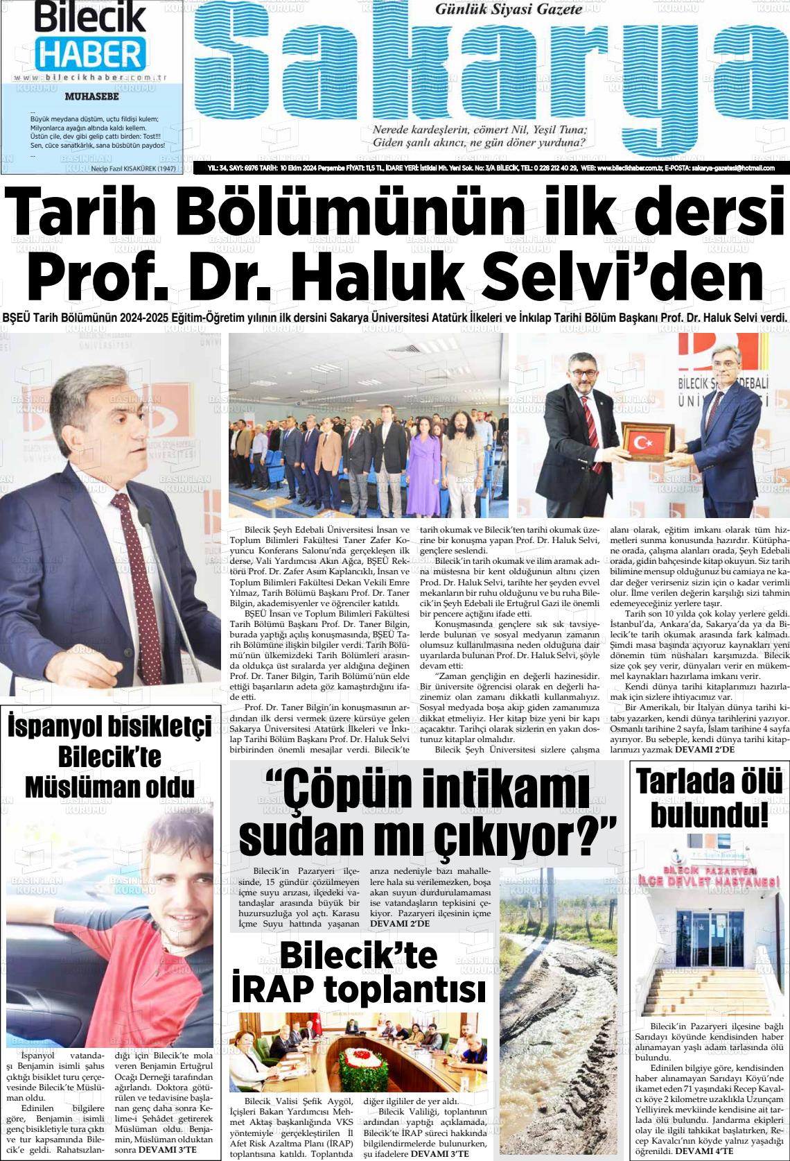 10 Ekim 2024 Bilecik Haber Sakarya Gazete Manşeti