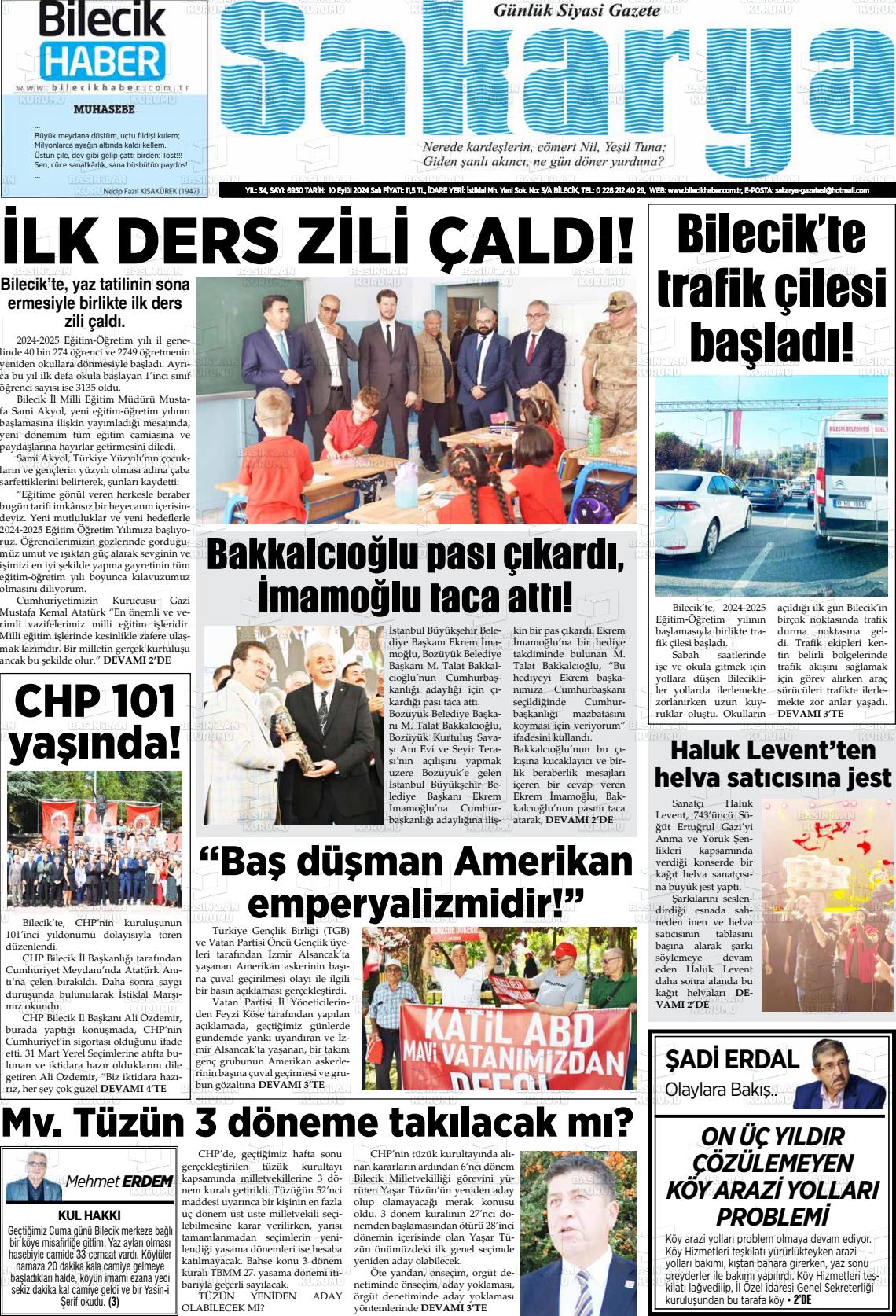 10 Eylül 2024 Bilecik Haber Sakarya Gazete Manşeti