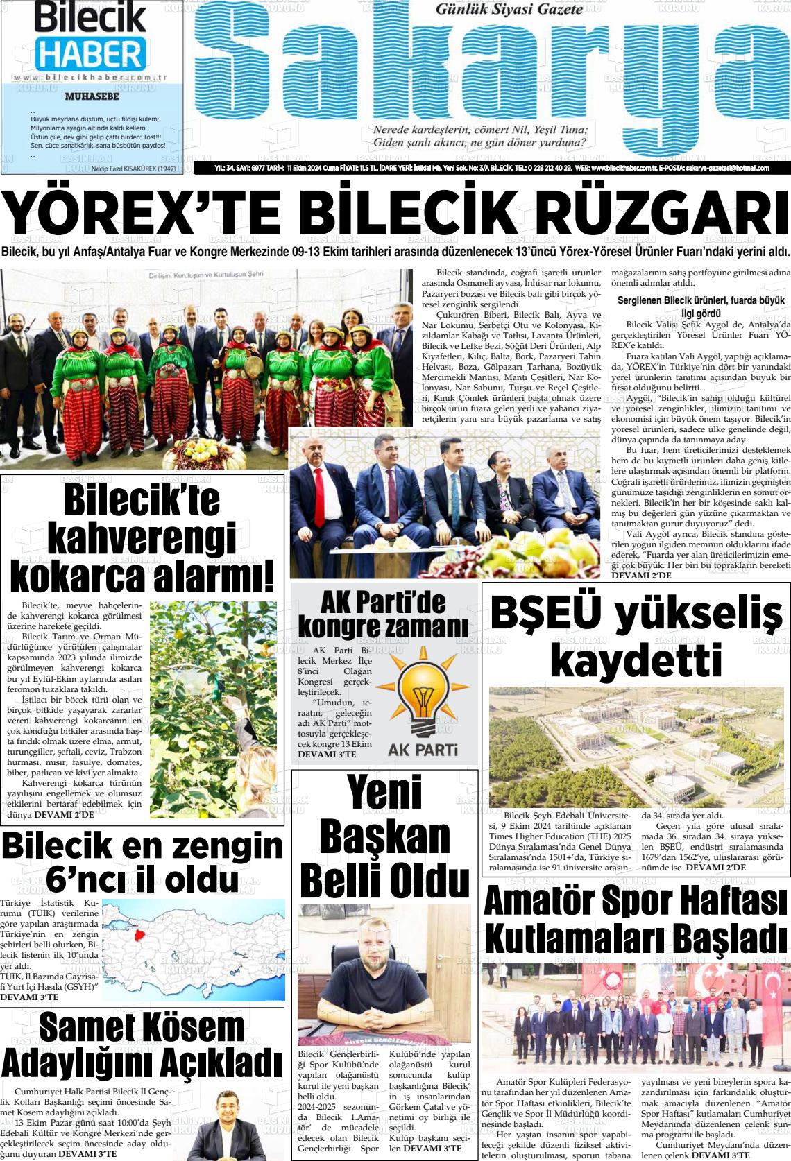 11 Ekim 2024 Bilecik Haber Sakarya Gazete Manşeti