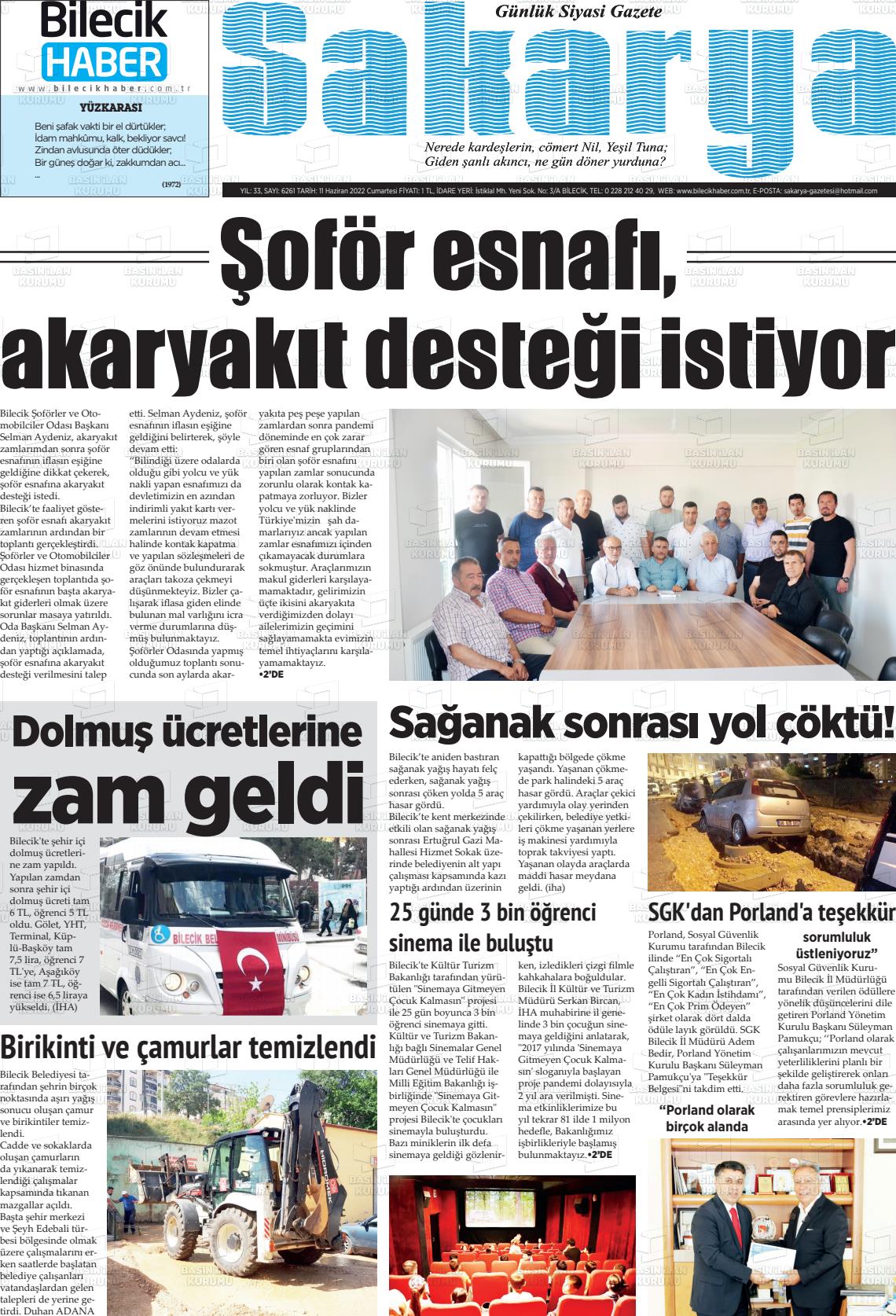 11 Haziran 2022 Bilecik Haber Sakarya Gazete Manşeti