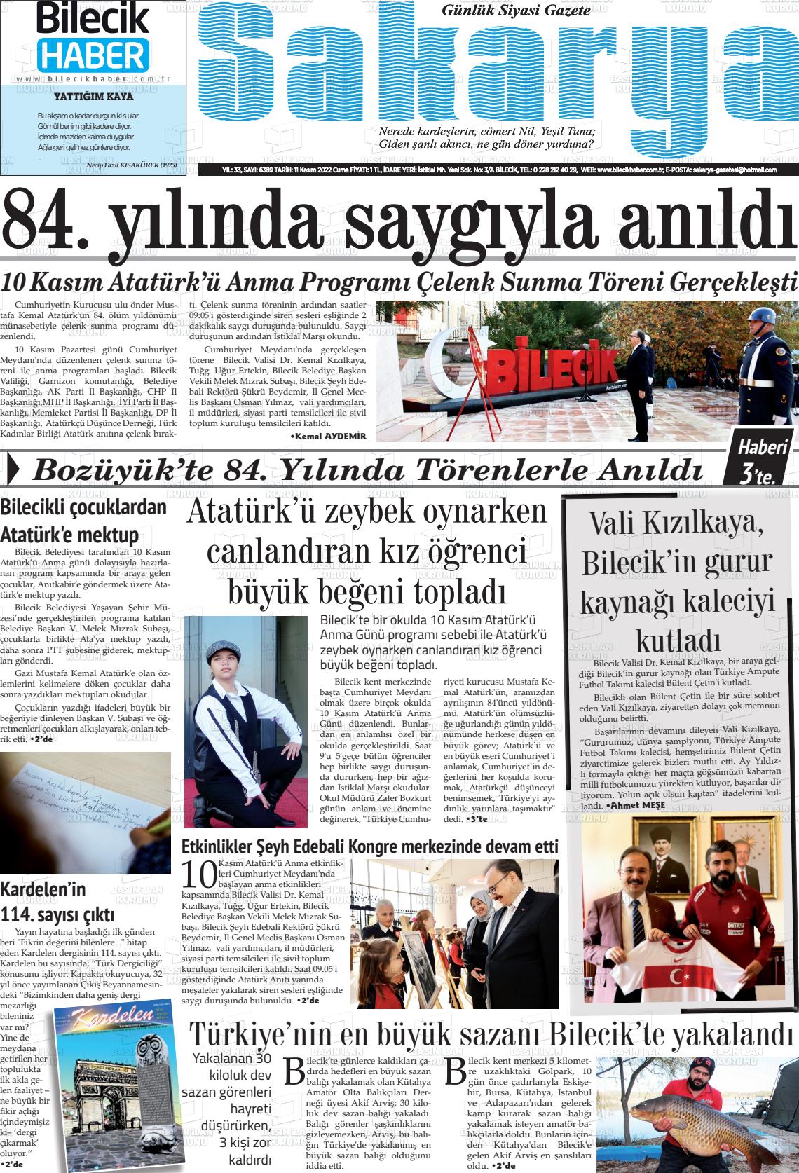 11 Kasım 2022 Bilecik Haber Sakarya Gazete Manşeti