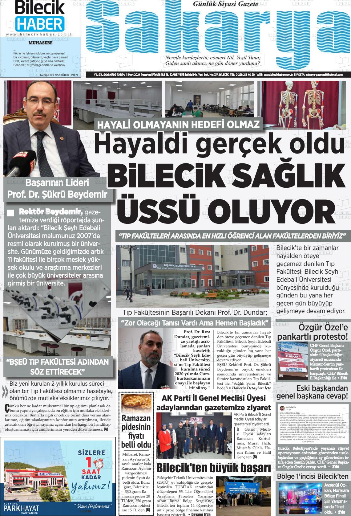 11 Mart 2024 Bilecik Haber Sakarya Gazete Manşeti