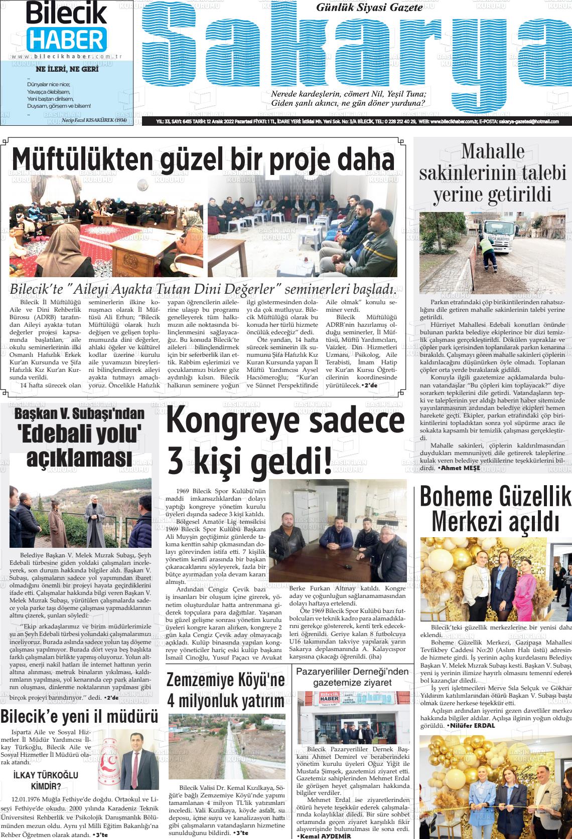 12 Aralık 2022 Bilecik Haber Sakarya Gazete Manşeti