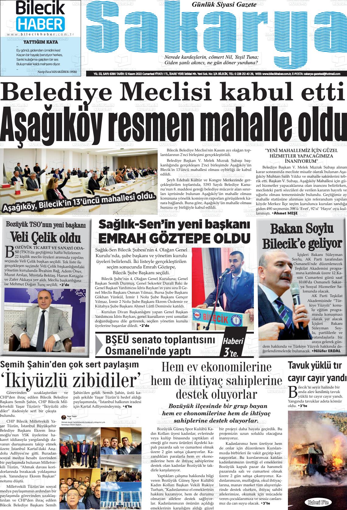 12 Kasım 2022 Bilecik Haber Sakarya Gazete Manşeti