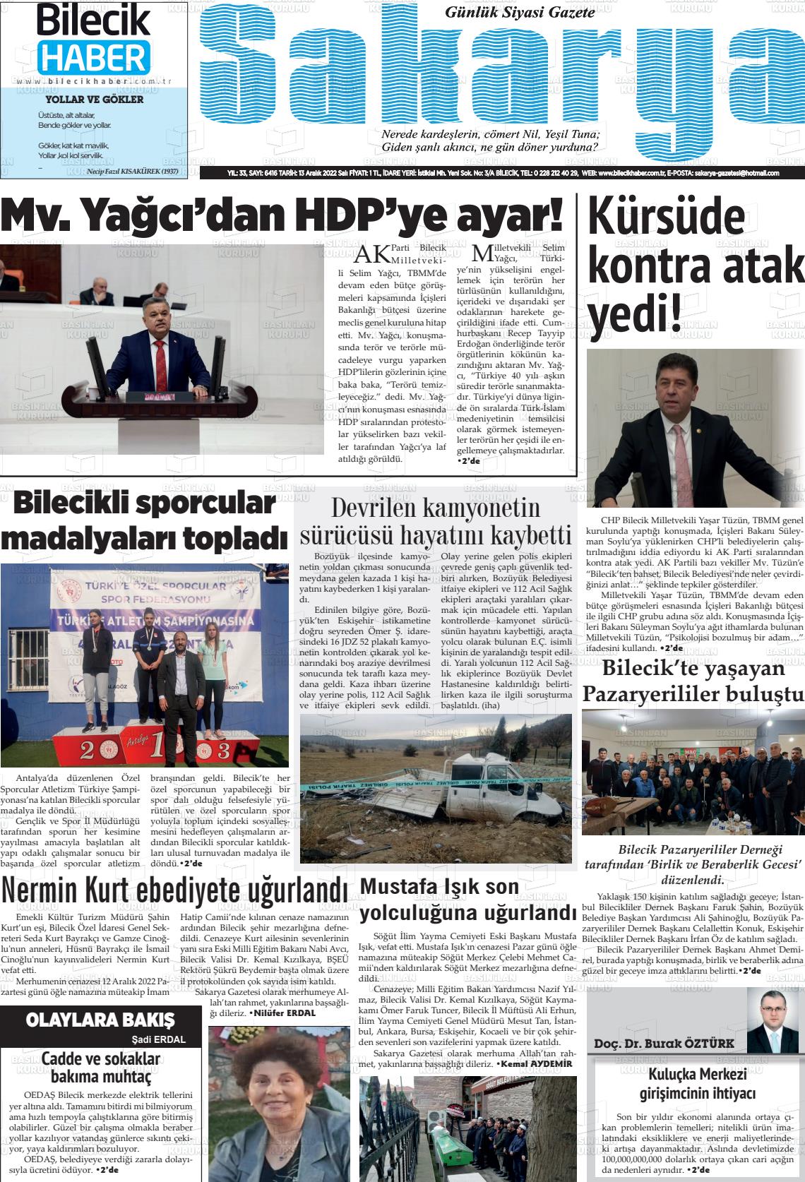 13 Aralık 2022 Bilecik Haber Sakarya Gazete Manşeti