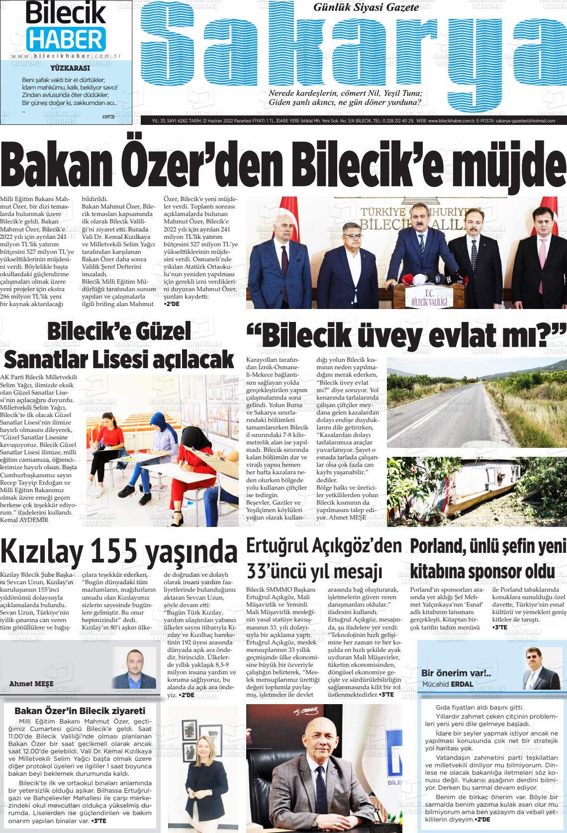 13 Haziran 2022 Bilecik Haber Sakarya Gazete Manşeti