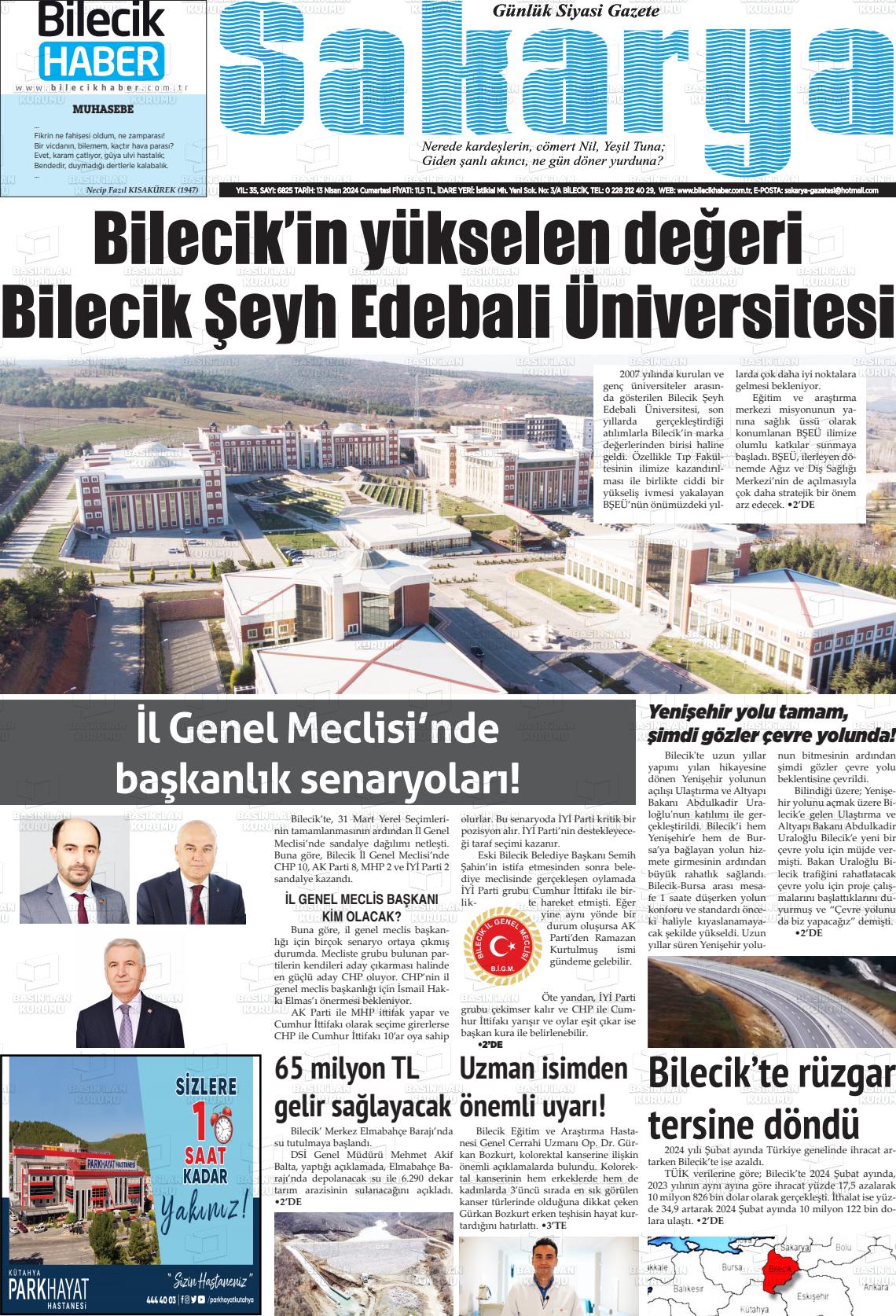 13 Nisan 2024 Bilecik Haber Sakarya Gazete Manşeti