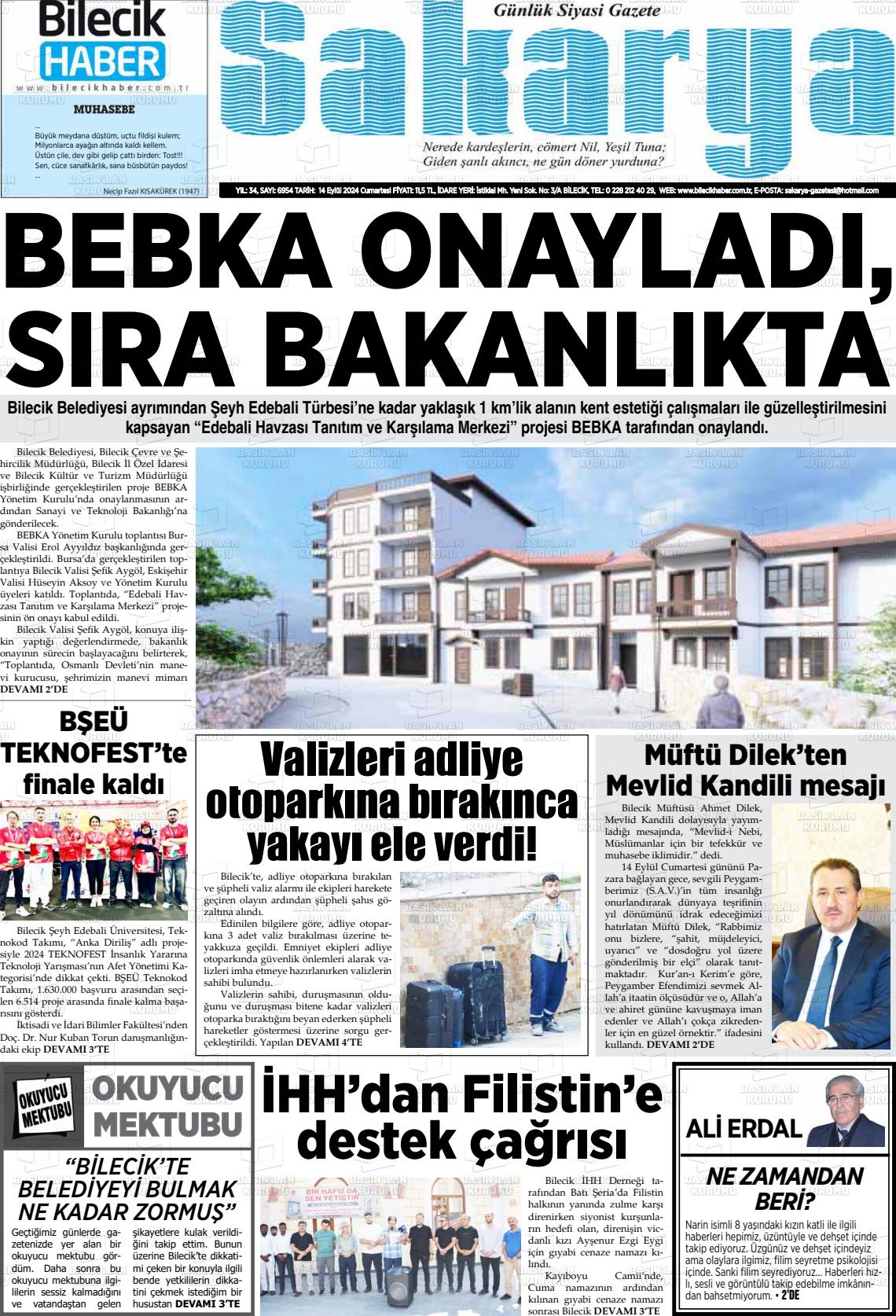 14 Eylül 2024 Bilecik Haber Sakarya Gazete Manşeti