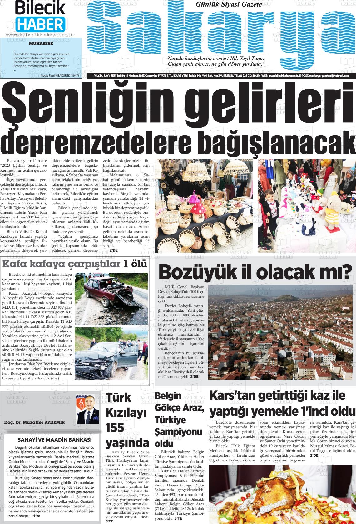 14 Haziran 2023 Bilecik Haber Sakarya Gazete Manşeti