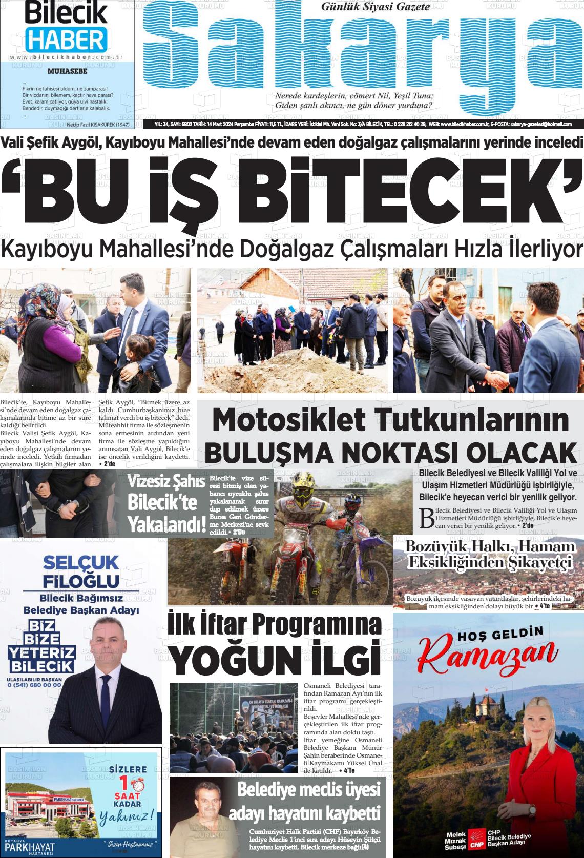 14 Mart 2024 Bilecik Haber Sakarya Gazete Manşeti