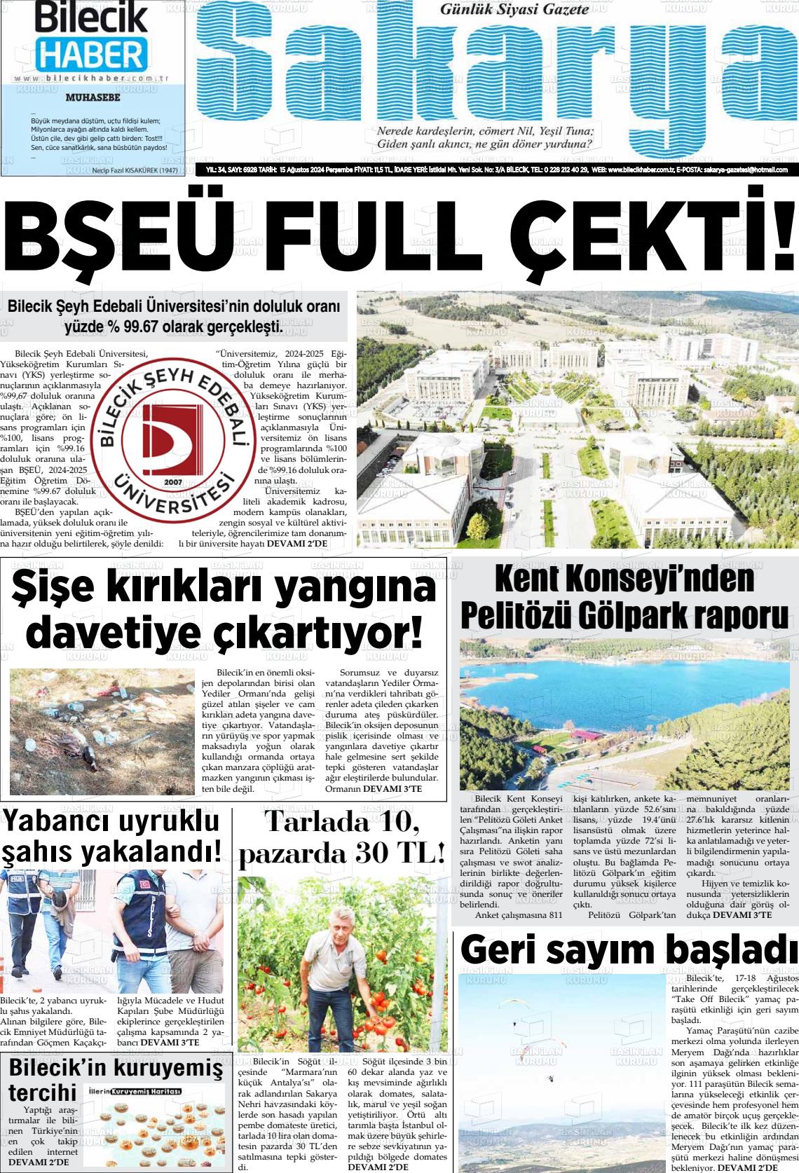 15 Ağustos 2024 Bilecik Haber Sakarya Gazete Manşeti