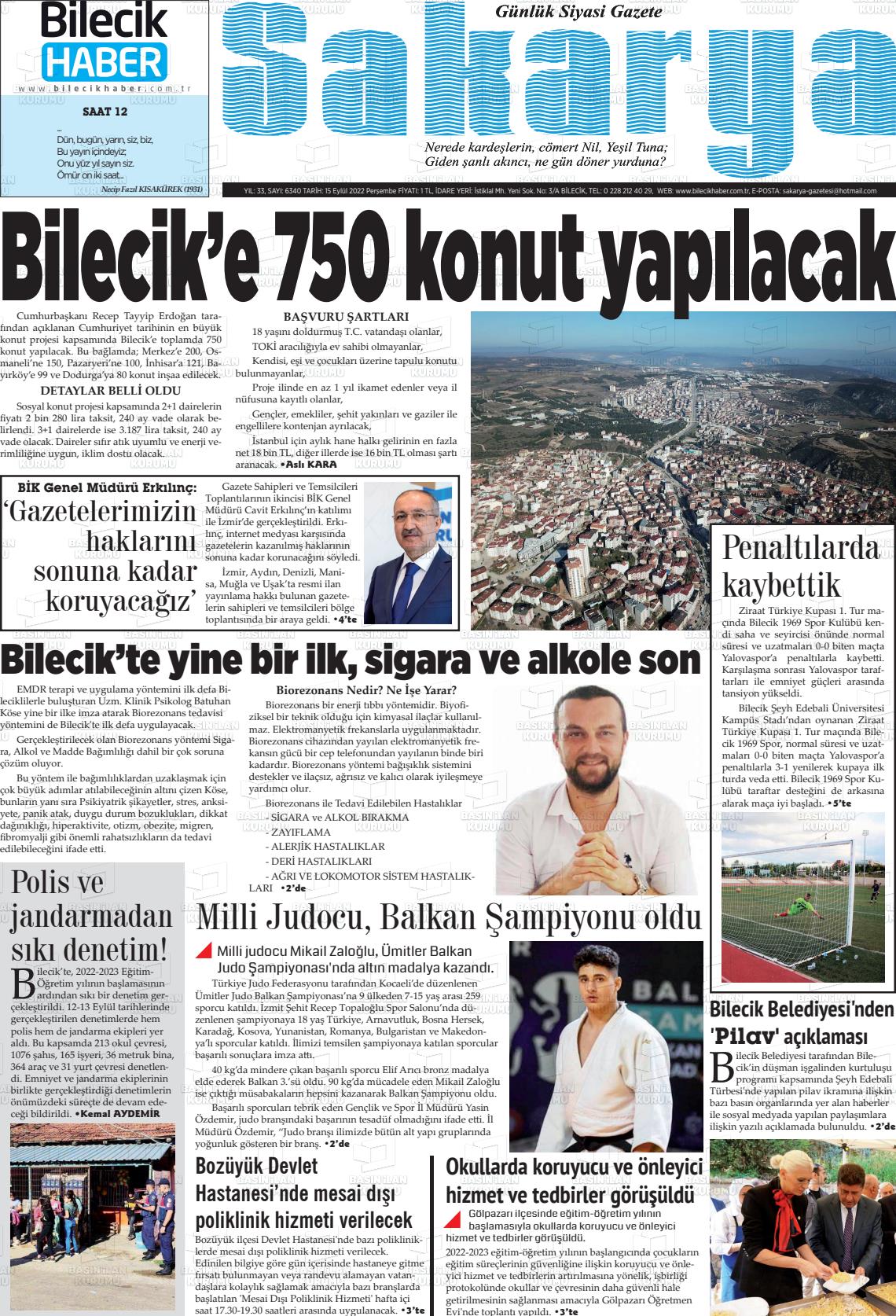 15 Eylül 2022 Bilecik Haber Sakarya Gazete Manşeti