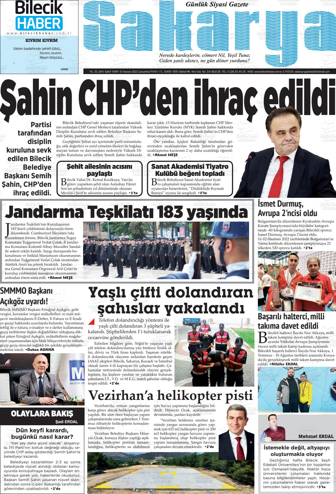 15 Haziran 2022 Bilecik Haber Sakarya Gazete Manşeti