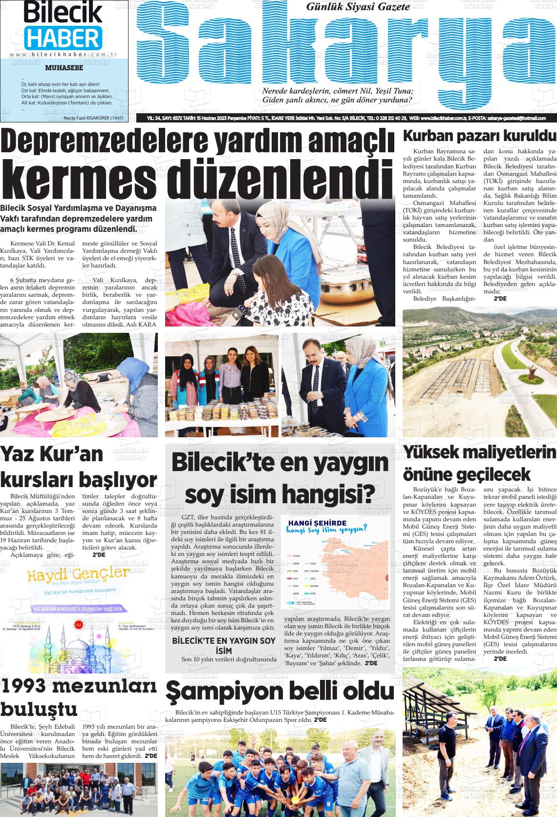 15 Haziran 2023 Bilecik Haber Sakarya Gazete Manşeti